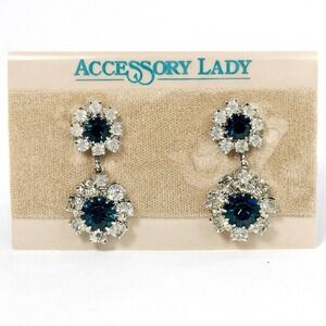 Vintage Blue Rhinestone Halo Dangle Clip On Earrings Silver Tone Royal Glam Prom